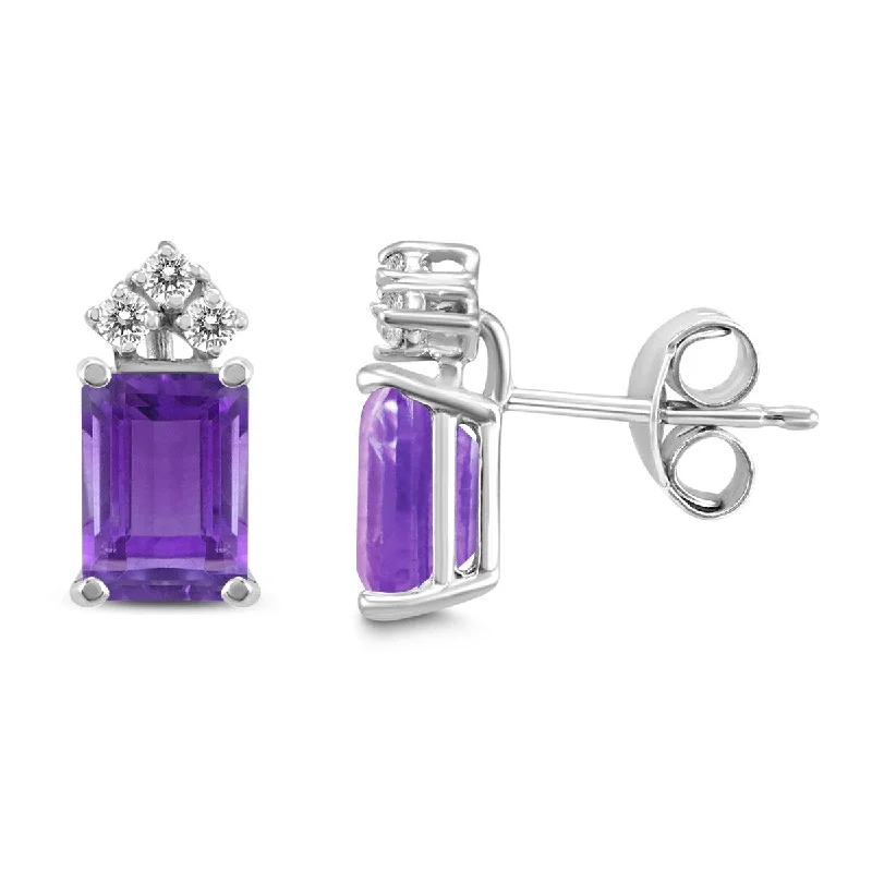 Marquee 14K White Gold 6x4MM Emerald Shaped Amethyst and Diamond Earrings