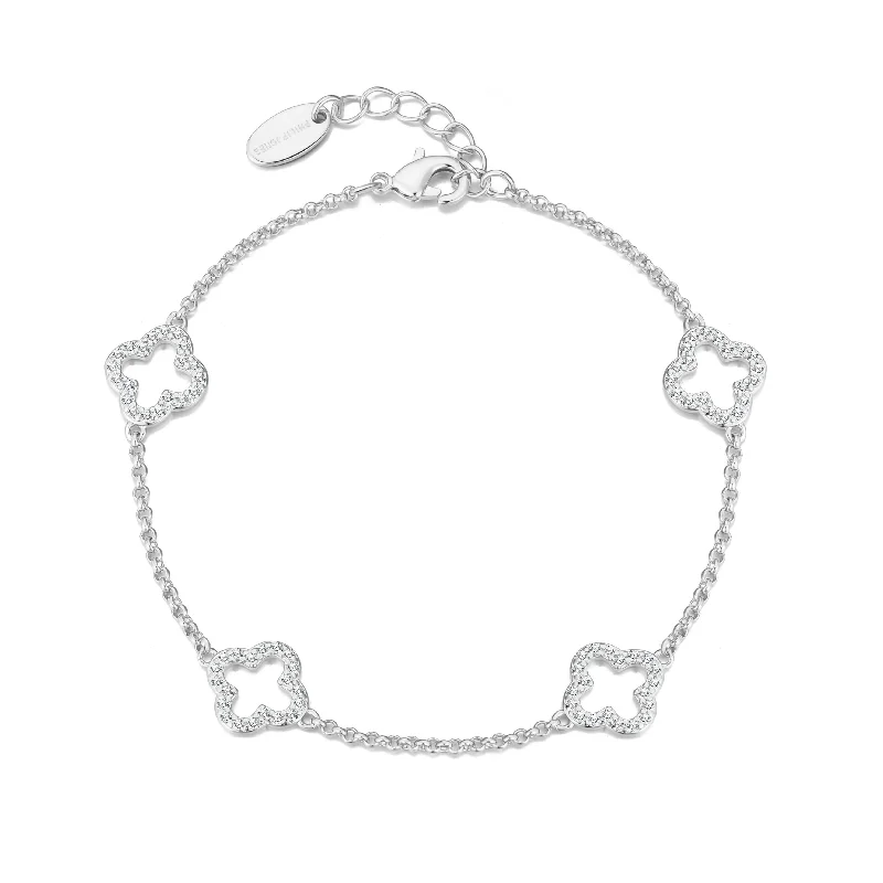 Silver Plated Clover Bracelet Created with Zircondia® Crystals