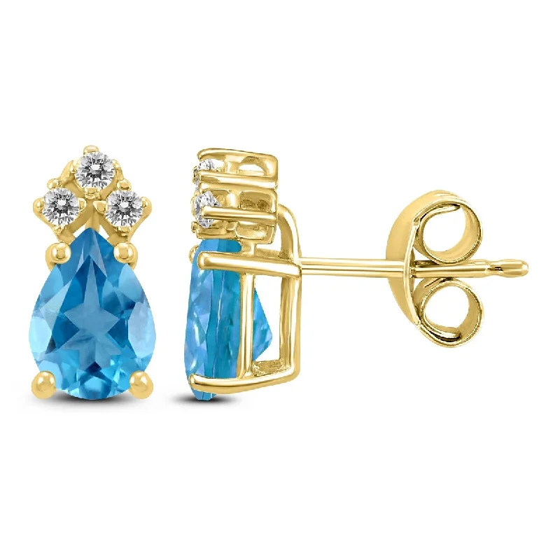 Marquee 14K Yellow Gold 6x4MM Pear Blue Topaz and Diamond Earrings