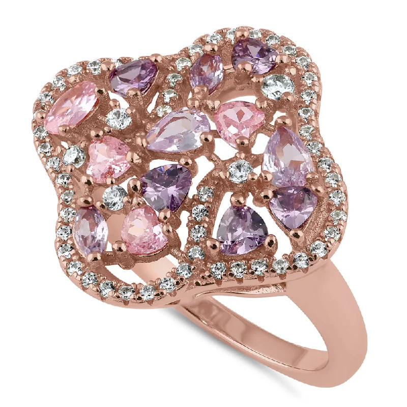 Sterling Silver Rose Gold Plated Pink and Lavender CZ Clover Cluster Ring