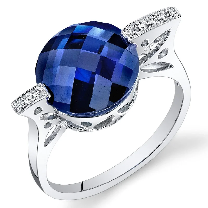 14k White Gold 6.5ct Created Blue Sapphire and Diamond Ring