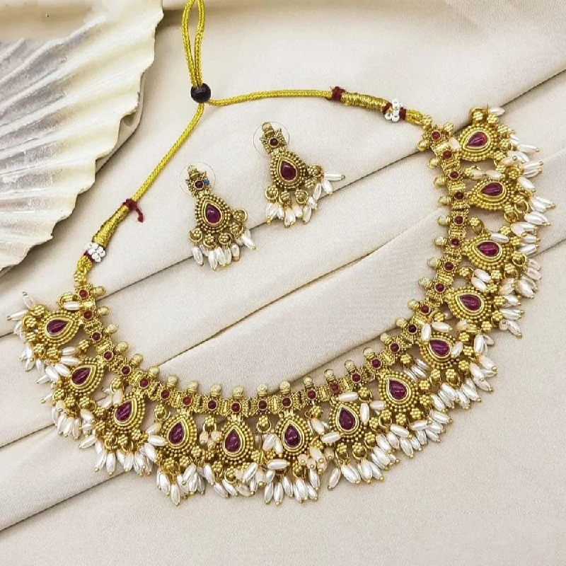 Joyful Jewel Art Matte Gold Plated Pota Stone And Pearls Necklace Set