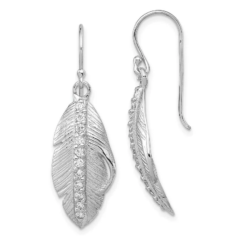 Curata 925 Sterling Silver Polished CZ Cubic Zirconia Textured Feather Shepherd Hook Earrings - 45x13mm