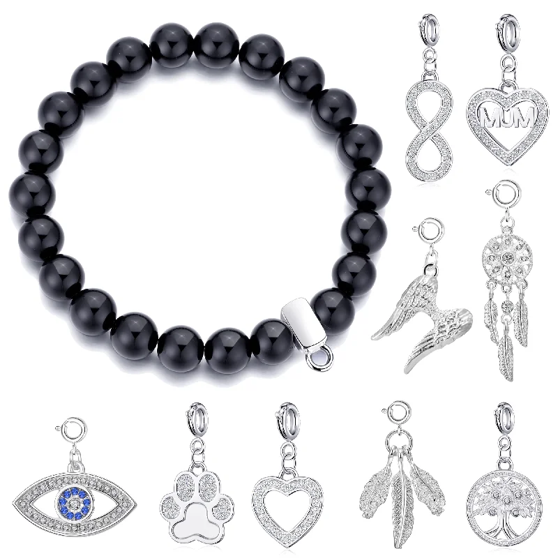 Black Onyx Gemstone Stretch Bracelet with Charm Created with Zircondia® Crystals