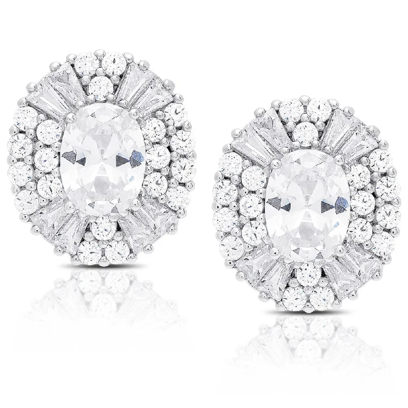 Dolce Giavonna Sterling Silver Oval Cubic Zirconia Stud Earrings