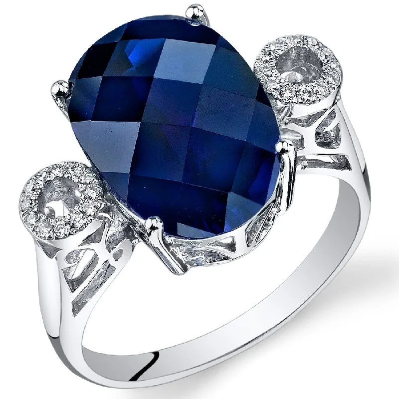 14k White Gold 8.5ct Created Blue Sapphire and Diamond Ring