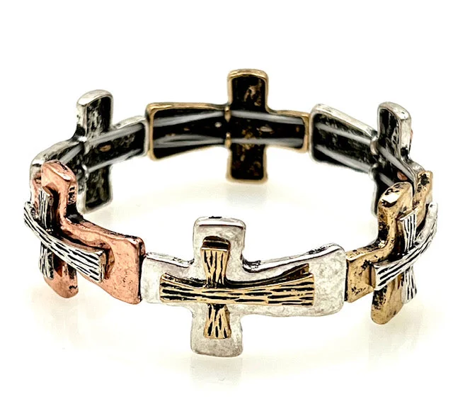 Multi Metal Stretch Artisan Bracelet - Dual Cross