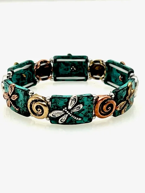 Patina Stretch Bracelet - Dragonflies and swirls