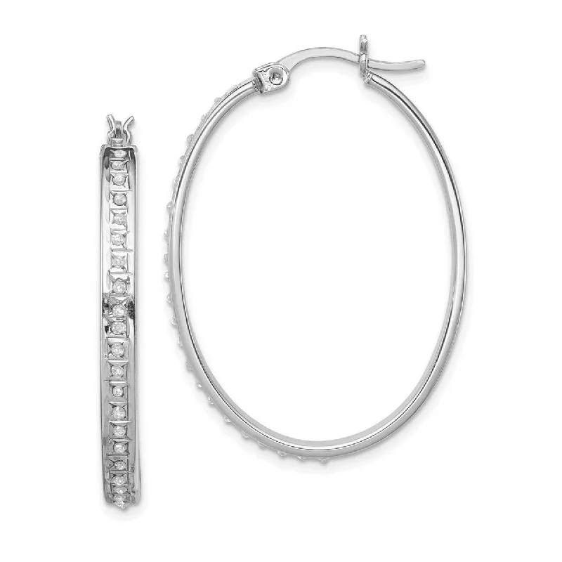 Curata 925 Sterling Silver 37x4mm Diamond Oval Hinged Hoop Earrings