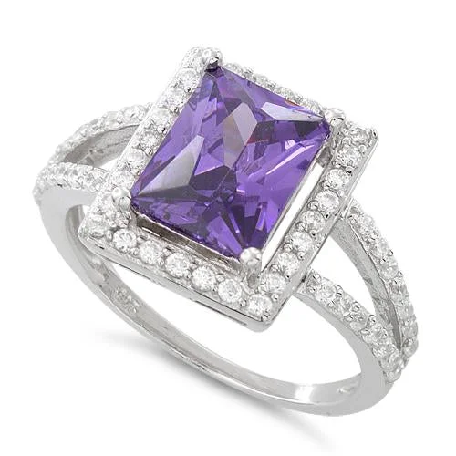 Sterling Silver Amethyst Rectangular Halo CZ Ring