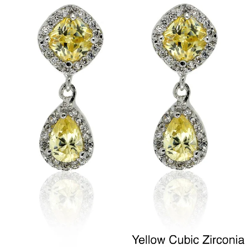 Dolce Giavonna Silver Overlay Yellow and White CZ Dangle Earrings