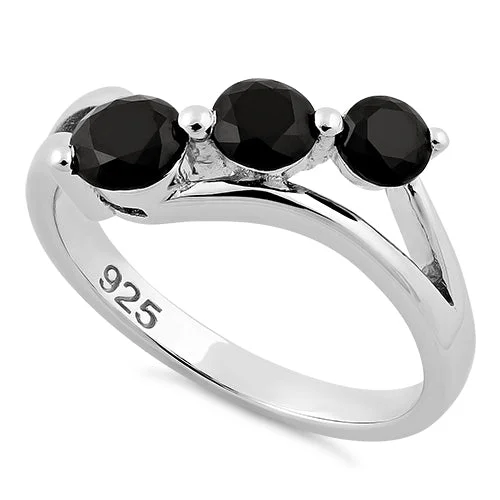 Sterling Silver Triple Black Stone CZ Ring