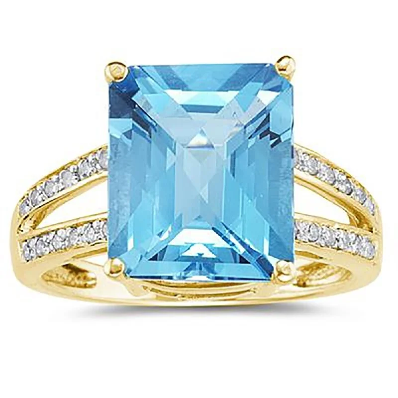 Emerald Cut Blue Topaz and Diamond Ring 10k Yellow Gold