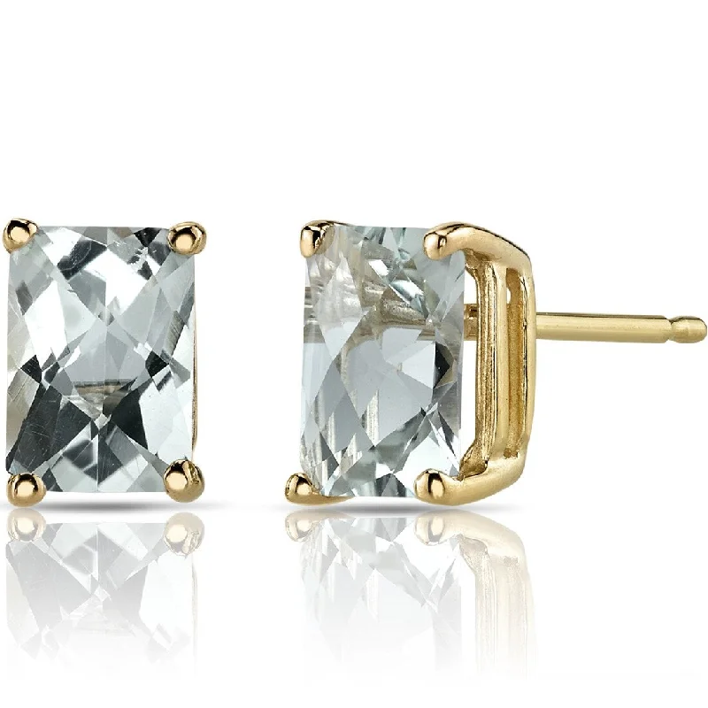 14k Yellow Gold Green Amethyst Stud Earrings 1.74 ct Radiant Shape