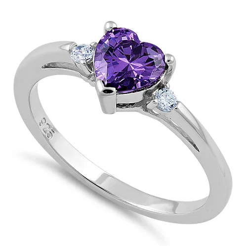 Sterling Silver Amethyst Heart CZ Ring