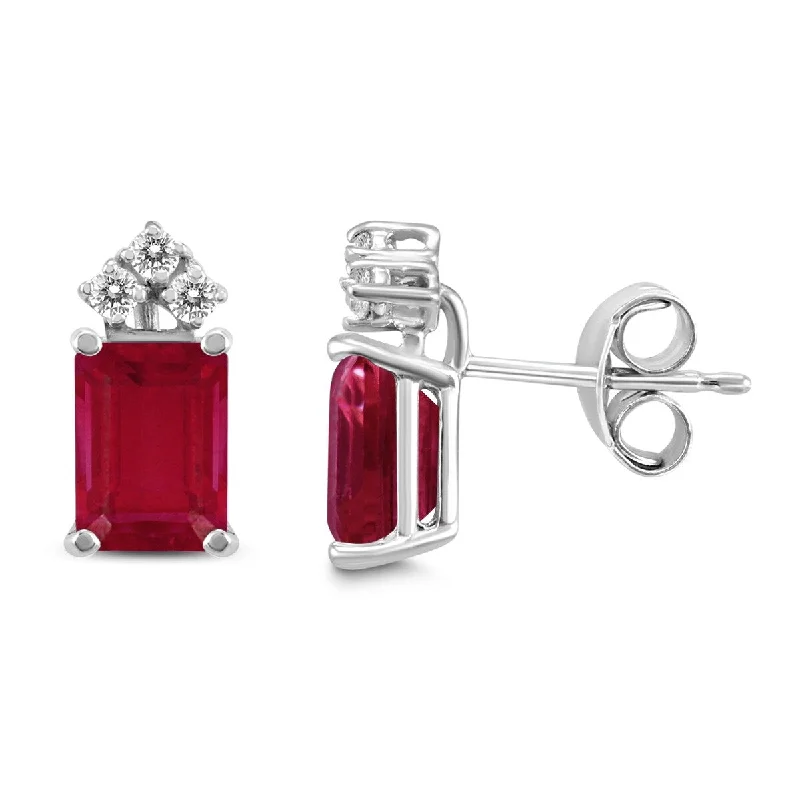 Marquee 14K White Gold 5x3MM Emerald Shaped Ruby and Diamond Earrings