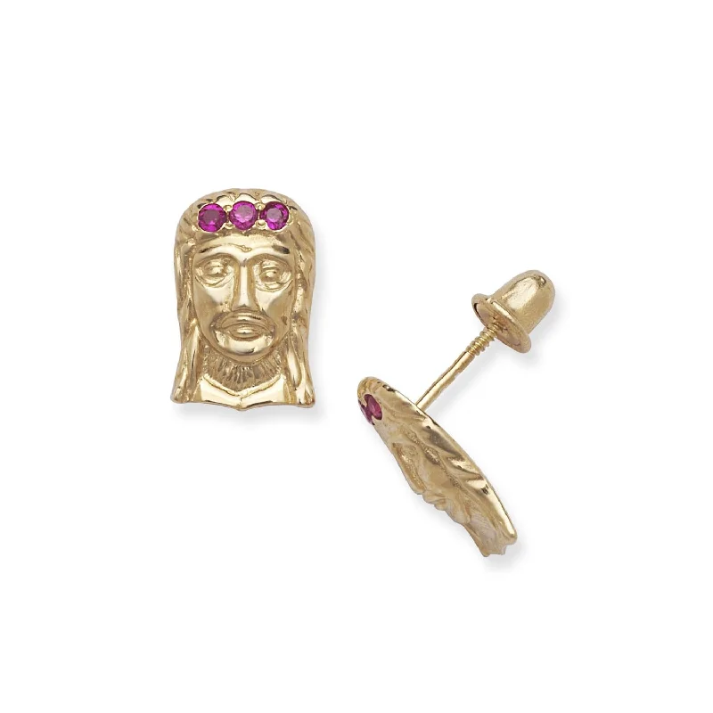 14k Yellow Gold Cubic Zirconia Jesus Head Screw-back Earrings - White