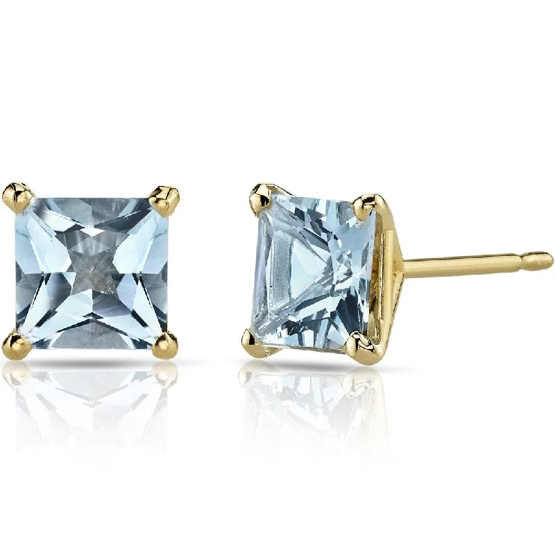 14k Yellow Gold Aquamarine Stud Earrings 1.71 ct Princess Shape