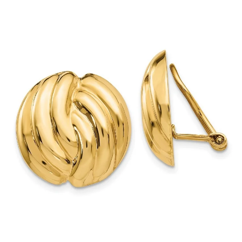 Curata 14k Yellow Gold Hinged Flat back 19mm Polished Ribbed Button Non pierced Clip Earrings