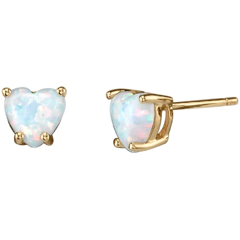 14k Yellow Gold White Opal Stud Earrings 1 ct Heart Shape