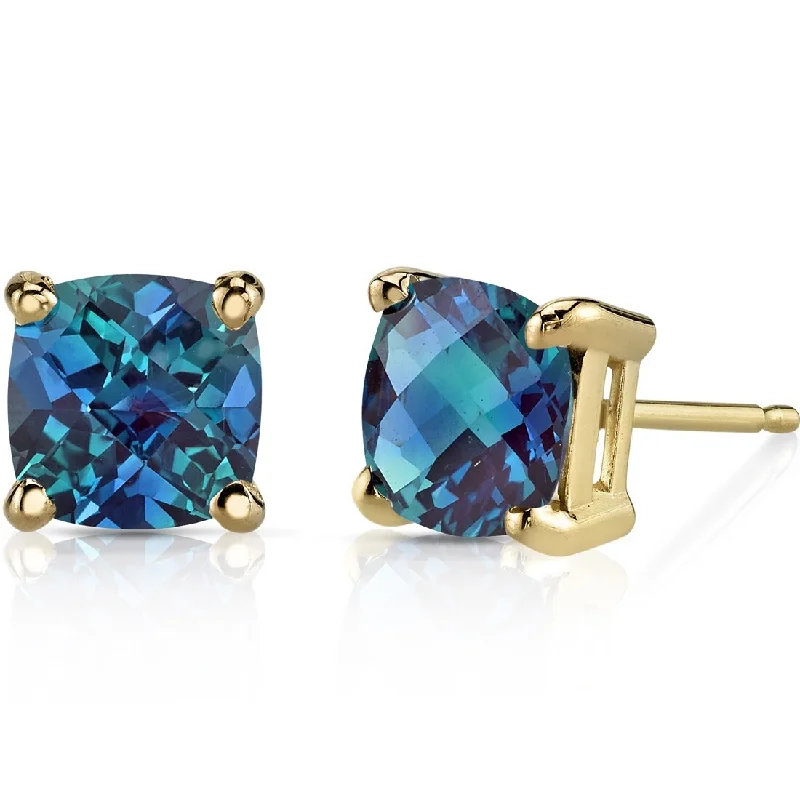 14k Yellow Gold Alexandrite Stud Earrings 2.5 ct Cushion Shape