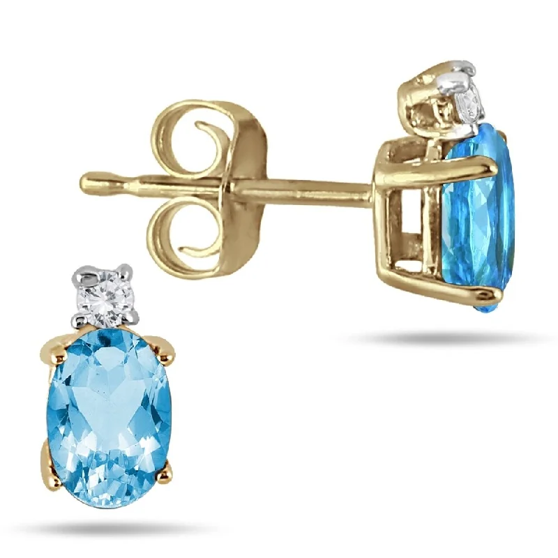 Marquee Oval Blue Topaz Drop and Diamond Earrings in 14K Yellow Gold