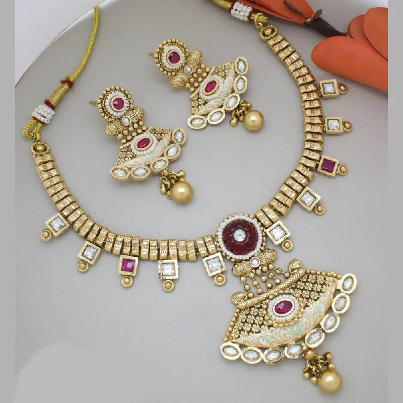 Manisha Jewellery Gold Plated Pota Stone And Pearls Meenakari Necklace Set