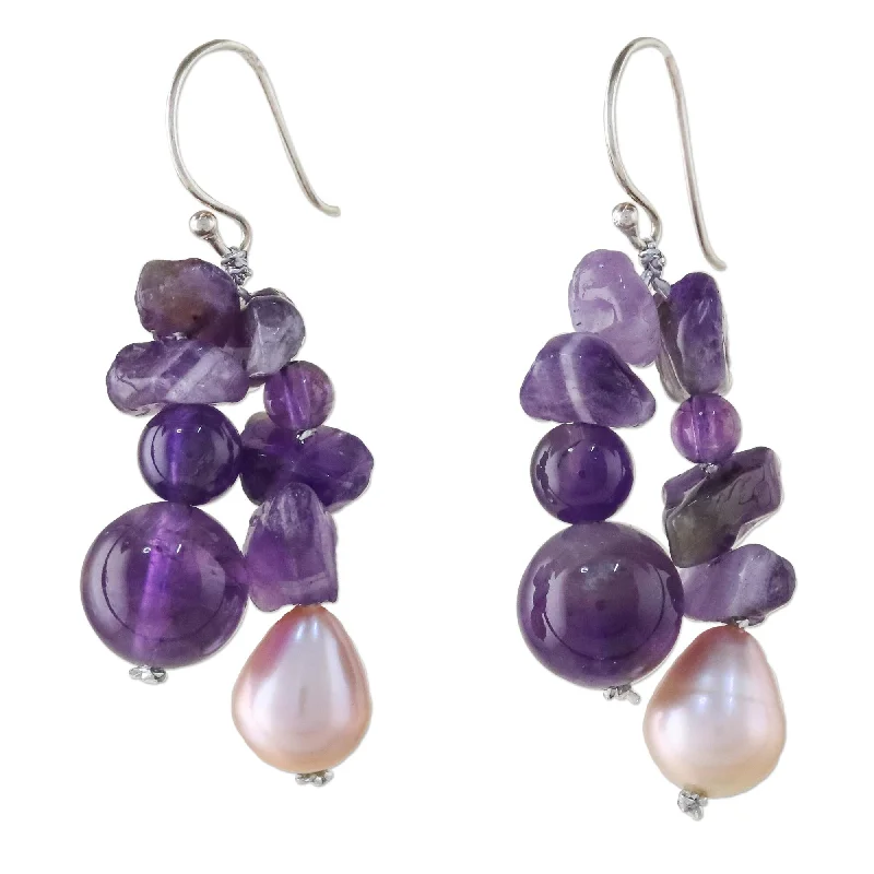 Novica Handmade Glorious Pearl And Amethyst Cluster Earrings