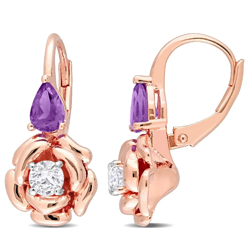 Miadora 1 1/3ct TGW African Amethyst and White Topaz Rose Leverback Earrings Rose Silver