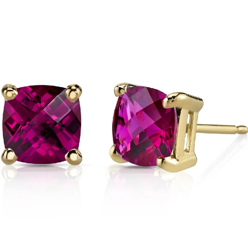 14k Yellow Gold Ruby Stud Earrings 2.61 ct Cushion Shape