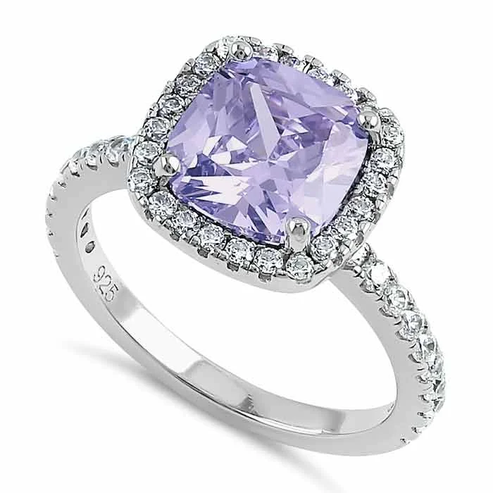 Sterling Silver Cushion Cut Lavender and Clear CZ Ring