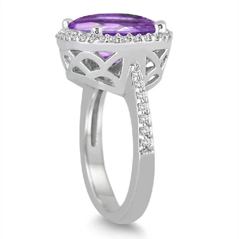 8 Carat Oval Amethyst and Diamond Ring in 14K White Gold