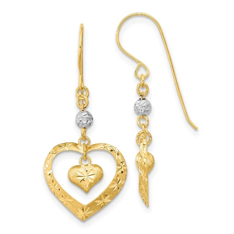 Curata 14k Two tone Satin Sparkle Cut Love Heart Dangle Shepherd Hook Earrings - 36x14.75mm Wide