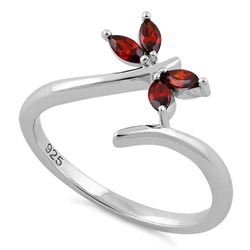 Sterling Silver Dragonfly Dark Garnet CZ Ring