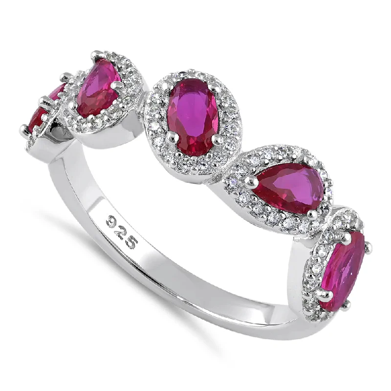 Sterling Silver Half Eternity Pear and Oval Halo Ruby and Clear CZ Ring