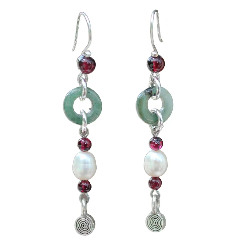 Novica Handmade Clouds Of Pearl Jade And Garnet Drop Earrings