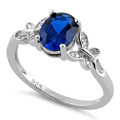 Sterling Silver Double Butterfly Blue Spinel Center Stone CZ Ring