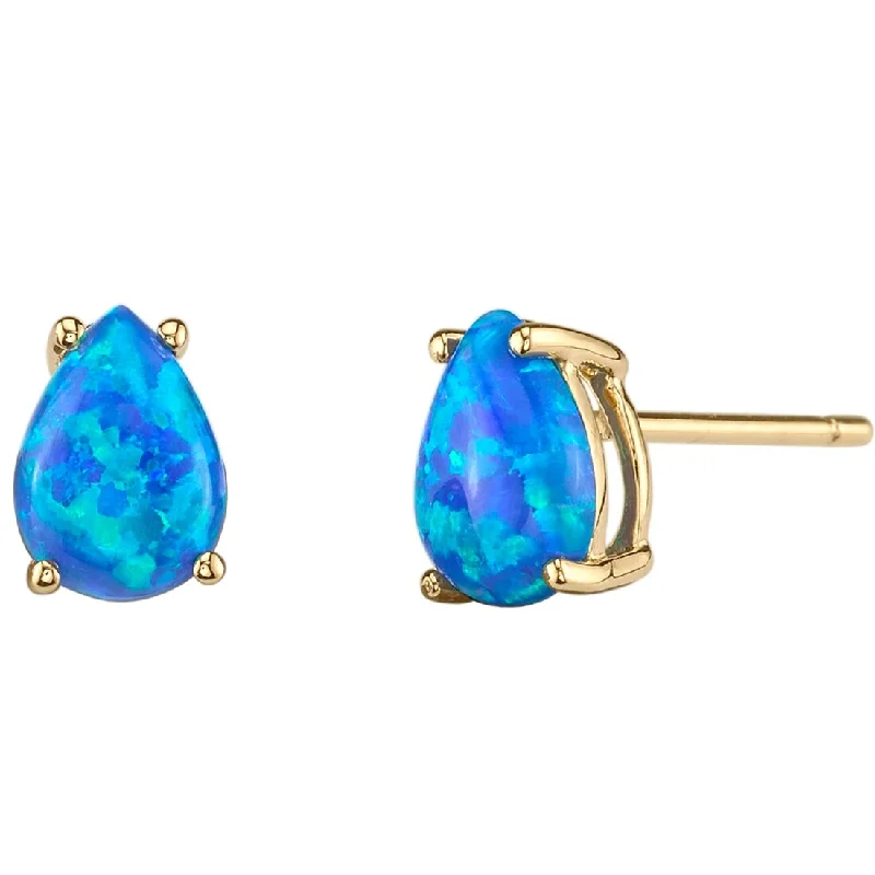 14k Yellow Gold Blue Opal Stud Earrings 1 ct Pear Shape