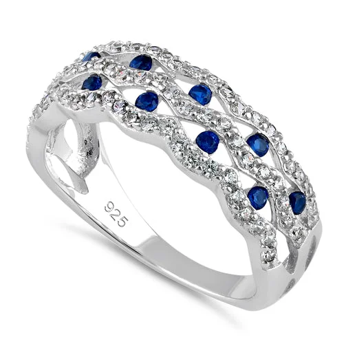 Sterling Silver Wavy Dotted Blue and Clear CZ Ring