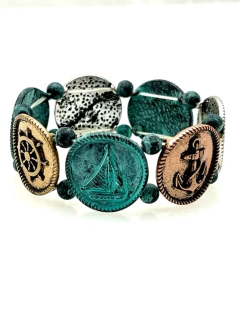 Nautical Patina Stretch Bracelet - Sailboat, Anchor, Wheel