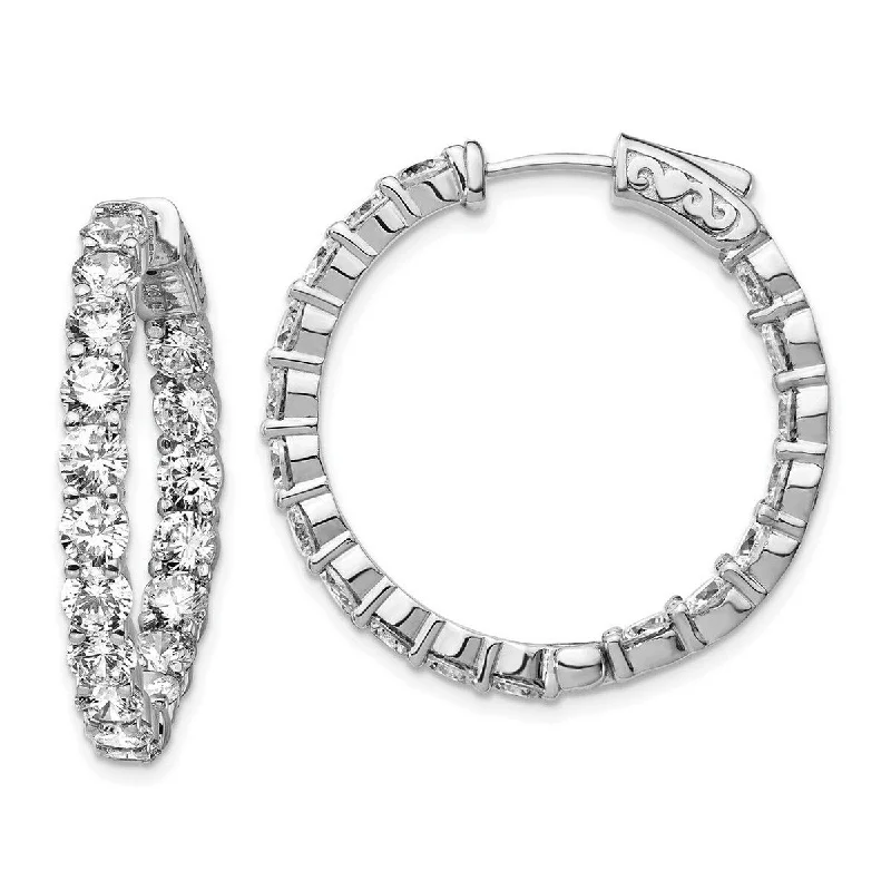 Curata 925 Sterling Silver Polished Safety clasp Rhodium Plated With CZ Cubic Zirconia Hinged Hoop Earrings