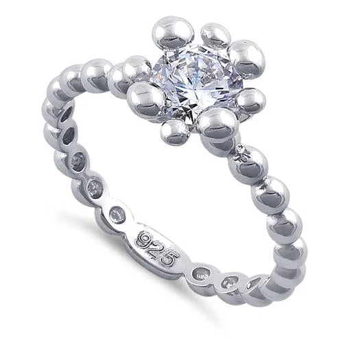 Sterling Silver Beaded Clear Round CZ Ring