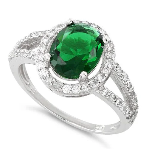 Sterling Silver Emerald Oval Halo CZ Ring