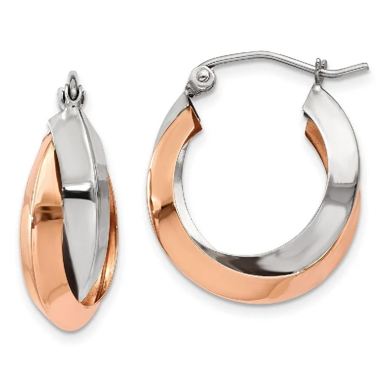 Curata 14k Rose and White Gold 22x4mm Knife-edged Polished Oval Hoop Earrings