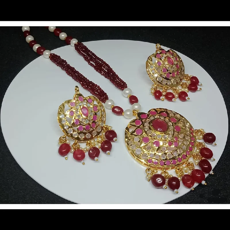 FS Collection Gold Plated Austrian Stone And Pearls Long Necklace Set