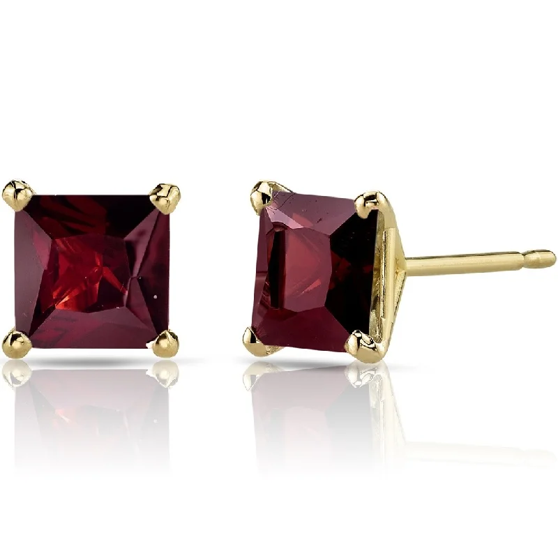 14k Yellow Gold Garnet Stud Earrings 2.67 ct Princess Shape