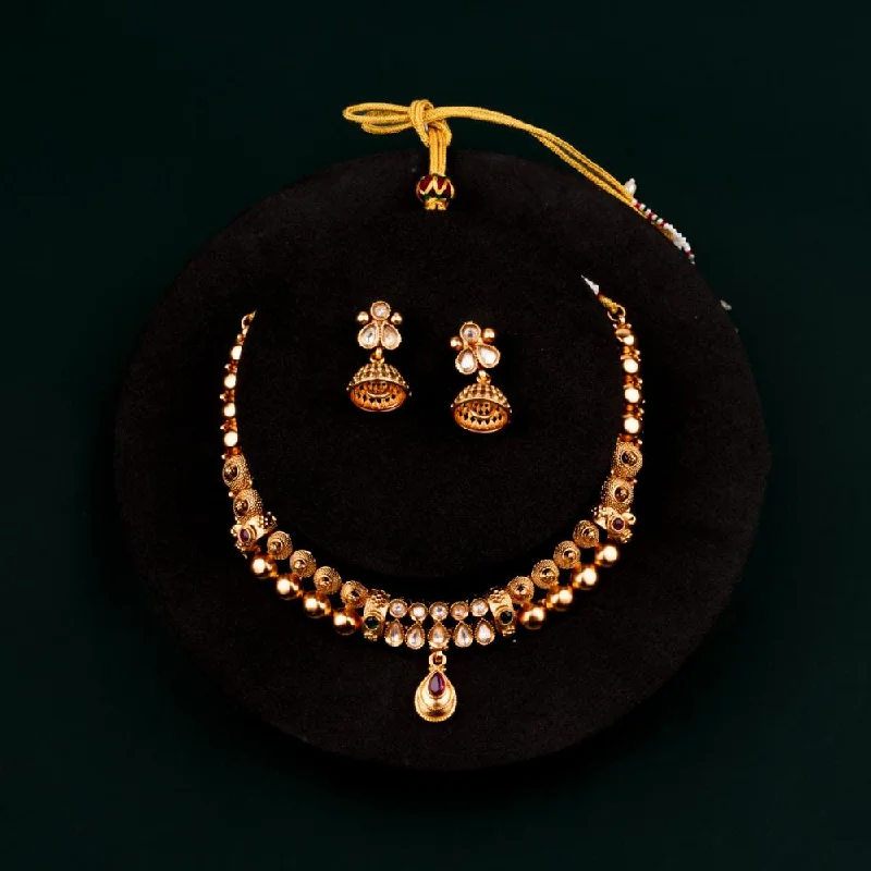 ChicCharm Jewellery Brass And Copper Gold Plated Uncut Polki Micro Rajwadi Necklace Set