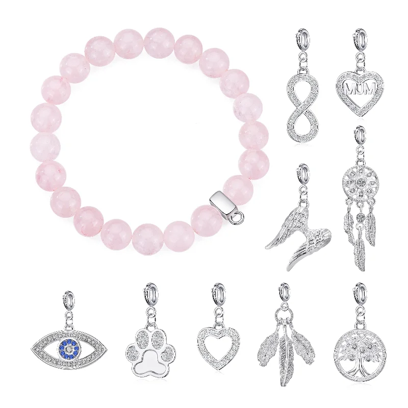 Rose Quartz Gemstone Stretch Bracelet with Charm Created with Zircondia® Crystals