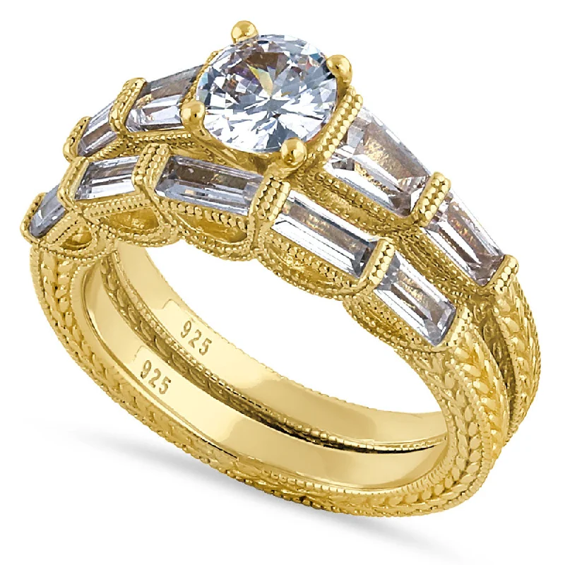 Sterling Silver Gold-Plated Baguette CZ Engagement Ring Set