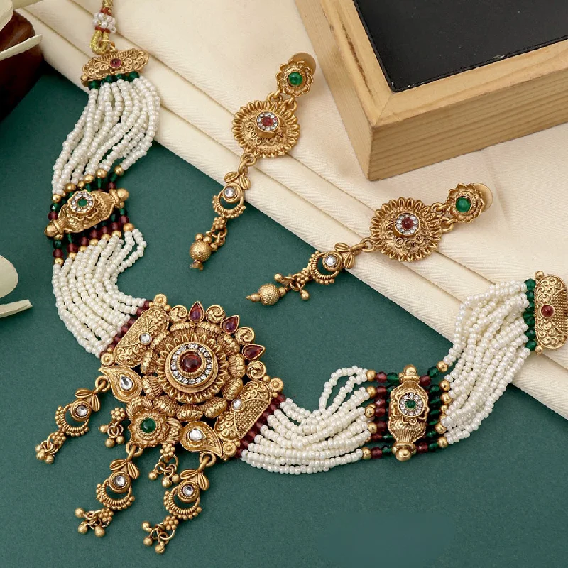 FS Collection Gold Plated Kundan Stone And Pearl Necklace Set